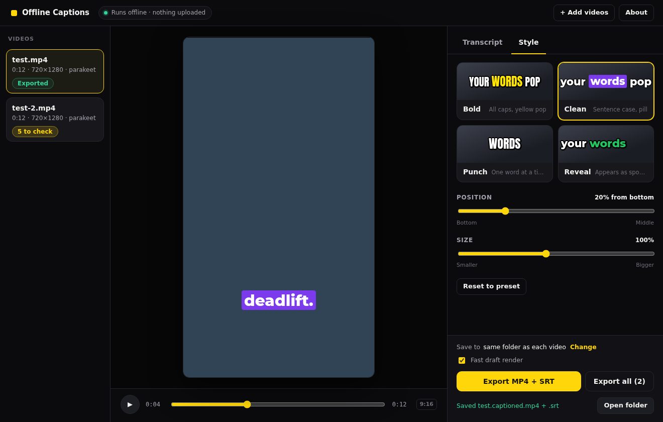 Desktop app style panel with Bold, Clean, Punch and Reveal presets, position and size sliders, and Export MP4 + SRT